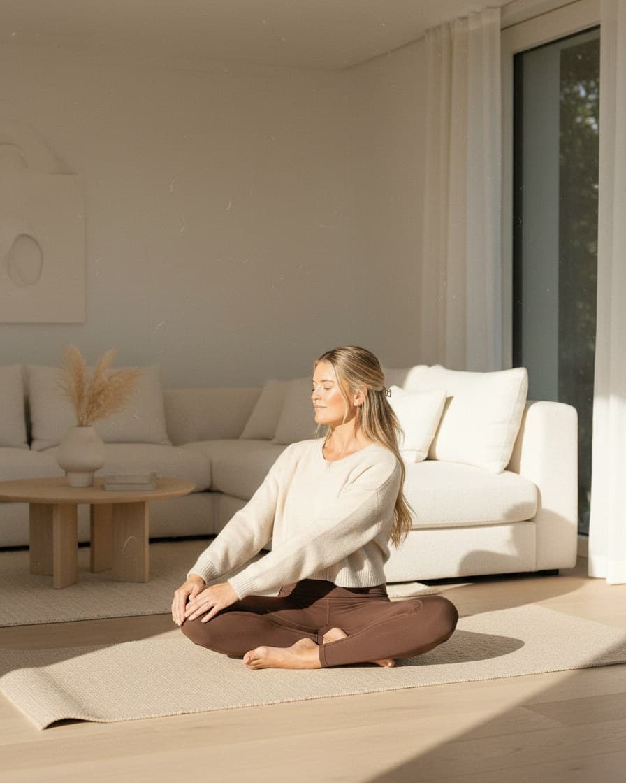 Woman doing Pilates on a mat in a small living room, everyday clothes, relaxed and real