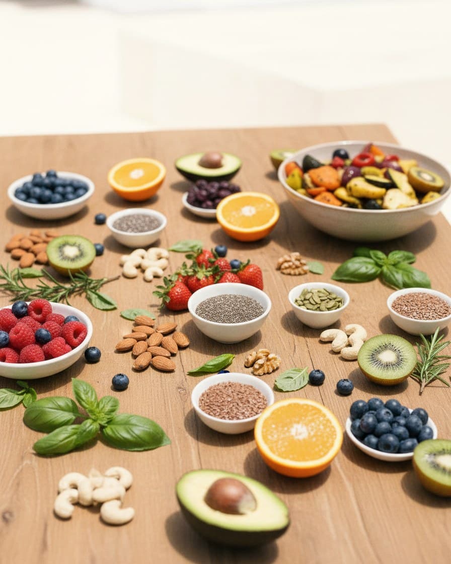 Overhead shot of a colourful spread of fruit, vegetables, nuts, seeds and herbs on a wooden table