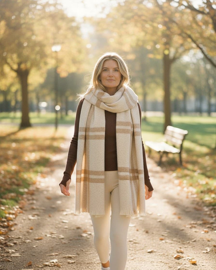 Person walking briskly through a park in golden autumn light, wrapped in a scarf
