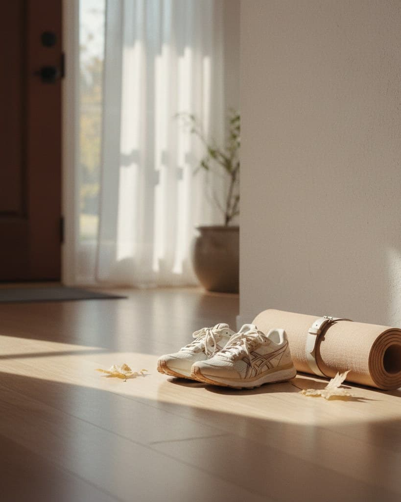 Pair of trainers and a rolled mat by a front door, soft early autumn light through the window