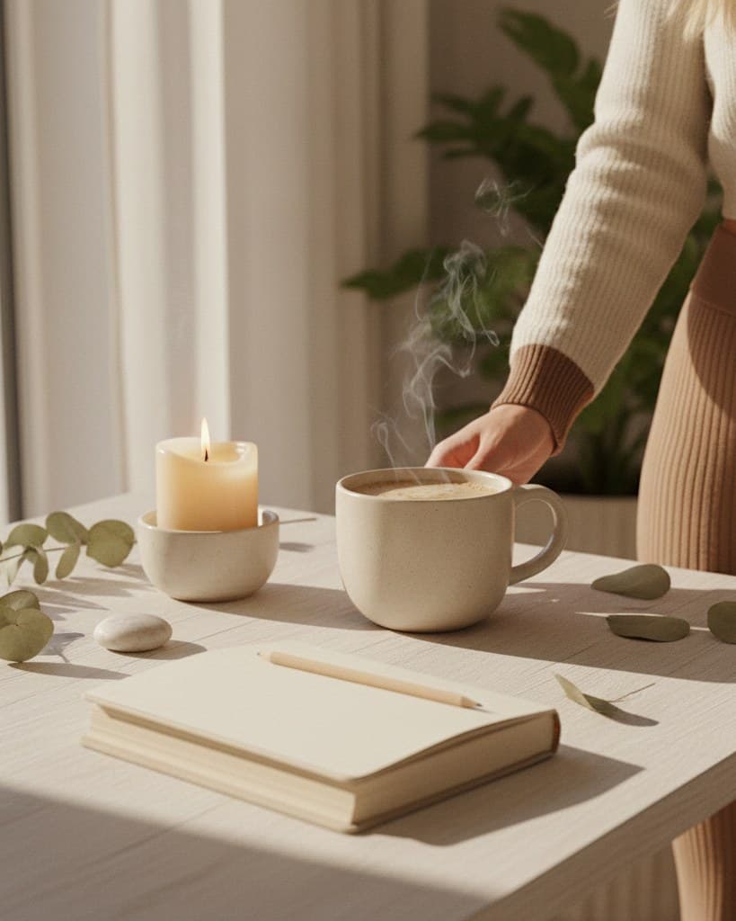 Quiet desk scene with a journal, a warm drink and a candle, soft winter light through a window