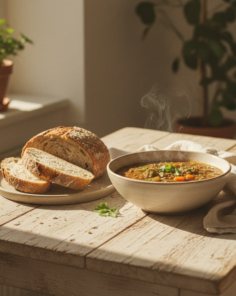 Steaming bowl of vegetable and lentil stew with crusty wholegrain bread on a rustic table