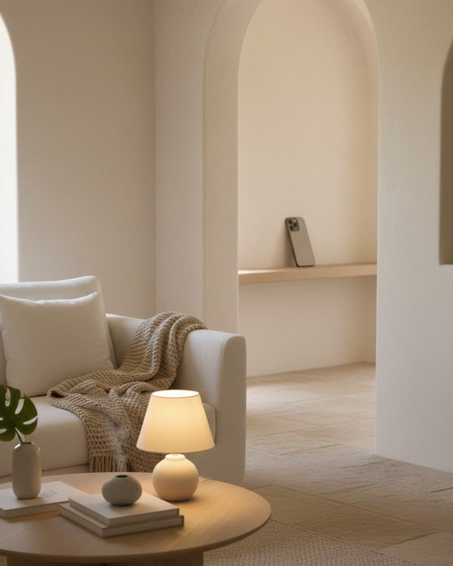 Phone placed face down on a shelf in another room, with a cosy lamp-lit living space in the foreground