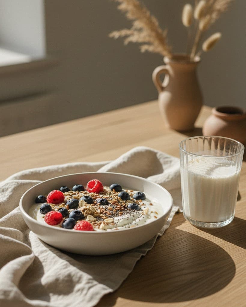 Bowl of live yoghurt topped with berries, seeds and oats, alongside a glass of kefir
