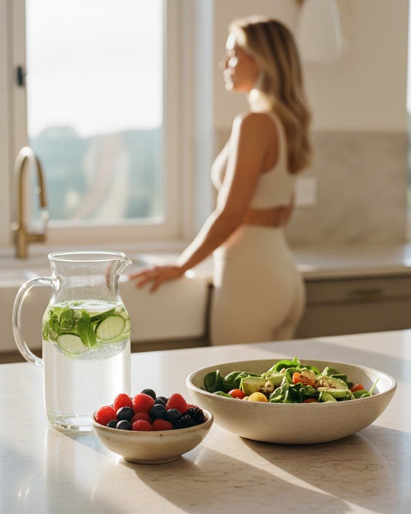 Glass jug of water with cucumber and mint, fresh berries and a bowl of salad on a sunny kitchen counter