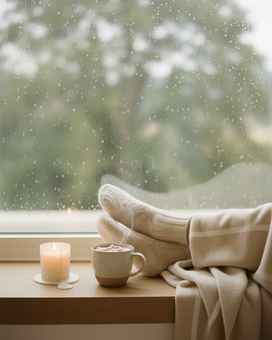 Cosy scene of warm socks, a soft blanket, a candle and a cup of cocoa beside a window with rain outside