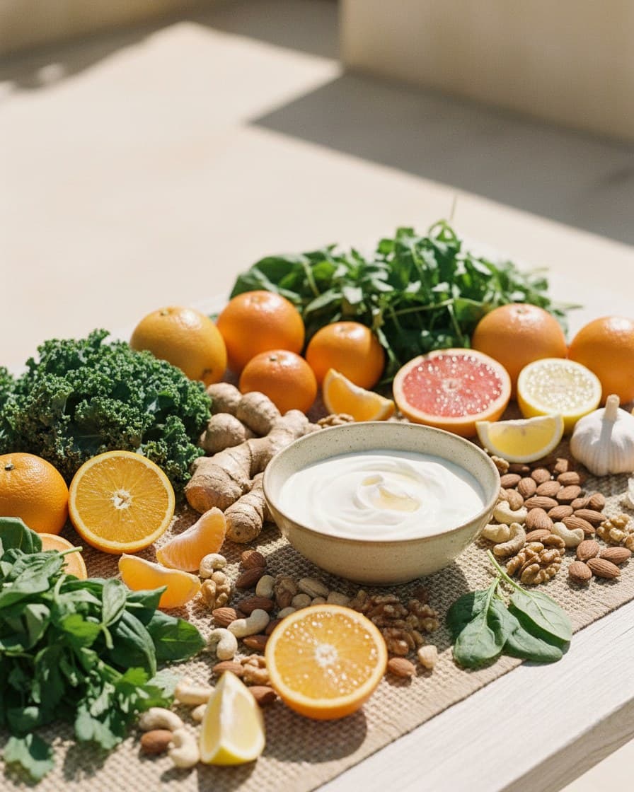 Colourful winter spread of citrus fruit, leafy greens, garlic, ginger, nuts and live yoghurt
