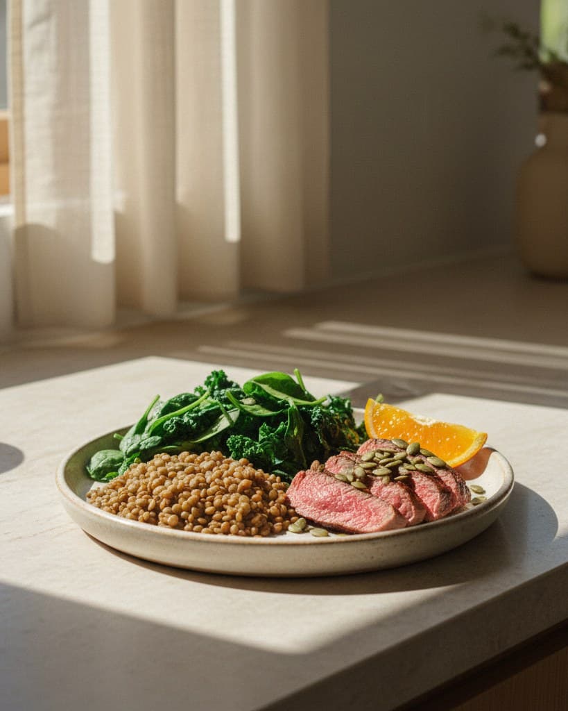 Plate of iron-rich foods, leafy greens, lentils, red meat and pumpkin seeds with a wedge of orange