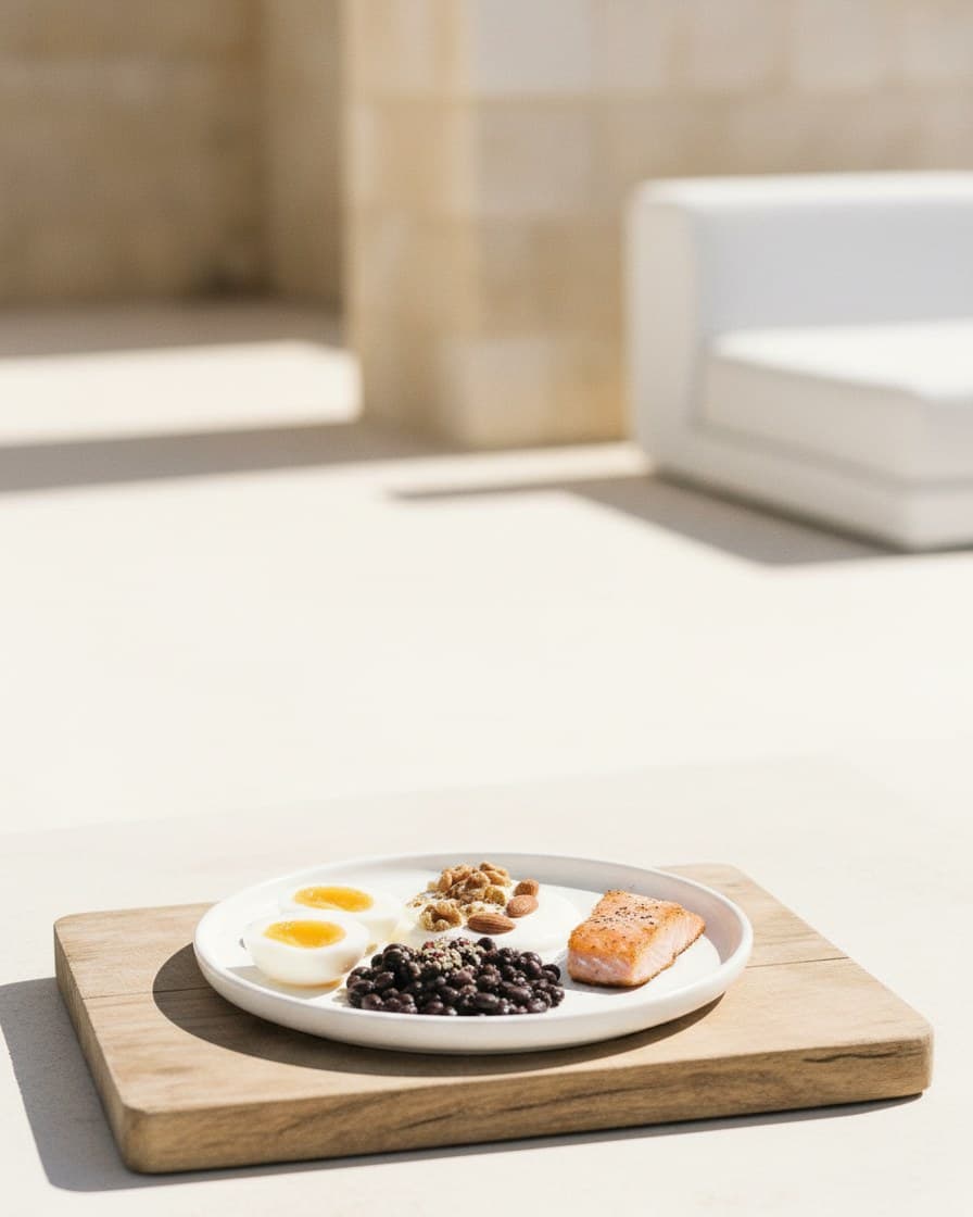 Plate with eggs, Greek yoghurt, nuts, beans and salmon arranged simply on a wooden board