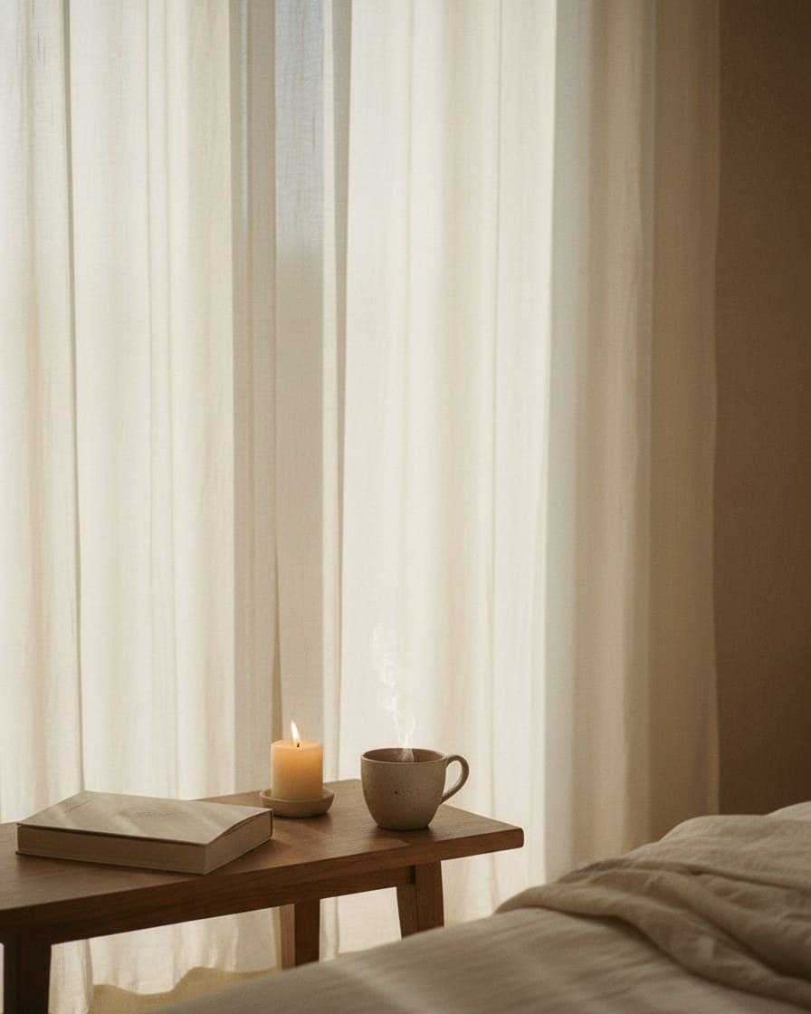 Dusky bedroom with linen curtains drawn, a lit candle, a book and a cup of herbal tea on the bedside table