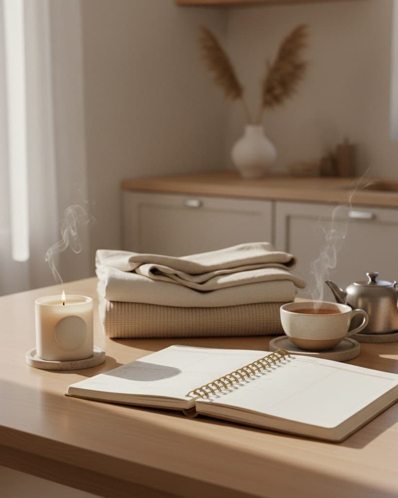 Cosy Sunday scene with a planner, a candle, fresh laundry and a cup of tea on a kitchen table